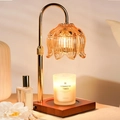 Golden marble candle warmer lamp with amber petal glass shade and wooden base - Champagne Gold + Square Walnut Color Lifting Style / Knob Dimming / US Plug
