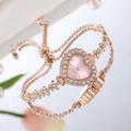 Elegant rose gold heart watch with floral rhinestone bracelet and adjustable drawstring - Pink