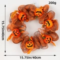 Halloween crescent moon cat wreath with orange pumpkins and ribbon, size 15.75in 40cm - Smiling Pumpkin Mesh 40CM