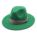 Detailed view of dark green wool fedora hat featuring a purple satin band and crystal buckle - Grass Green
