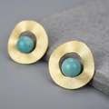 Minimalist S925 silver stud earring with golden wavy disc and round blue stone inlay - 18K Gold Plated - Amazonite (LFJA0084A1)