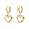 Close-up of golden hoop earrings with pearl-lined heart pendants on a white background - Pearl Heart Style (VE1328 Gold)