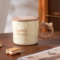 Simpatica tazza a gatto in ceramica beige con manico marrone, coperchio e cucchiaio - Tazza Singola / Cuoio