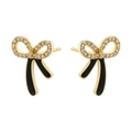 Detail of gold bow earrings with black enamel and white crystal center inlay - 1 Pair / Black