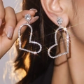 Luxury sparkling full diamond heart drop earrings in silver finish for women - Silver Full Rhinestone Exaggerated Heart Style (DTE1516133S-W)