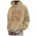 Men's khaki fleece hoodie with Give Thanks graphic and front kangaroo pocket - S / Tops / Khaki