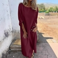 Burgundy loose maxi dress with metal buckle and irregular hem in a minimalist outdoor setting - S / Burgundy