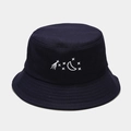 Detail of star and moon embroidery on navy cotton bucket hat with stitched brim - M (56-58cm) / Navy Blue