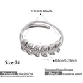 Silver leaf-shaped adjustable stainless steel ring set with sparkling zircon stones - US 7 / Steel Leaf Zircon Style