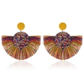 Bohemian fan-shaped tassel earrings with colorful rhinestones and yellow fabric studs - Multi-color