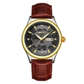 Montre à quartz pour hommes avec cadran noir, boîtier bicolore et bracelet en cuir brun - Boîtier Or Cadran Noir Bracelet Cuir Marron