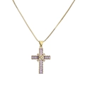 Collana con croce placcata in oro e pietre di zirconia viola su sfondo bianco puro - Viola