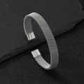 Minimalist 10mm stainless steel mesh wire cuff bracelet with magnetic clasp on slate - Grid Flat Steel Color (10mm) / Silver