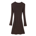 Close-up of the ribbed knitting texture on a dark brown bodycon long sleeve dress - S / Coffee