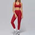 Set yoga professionale rosso scuro con reggiseno sportivo a V e leggings a vita alta donna - S / Reggiseno-1 + Leggings - Rosso