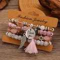 Bracelet bohème multicouche rose avec pompons et breloques ailes argentées pour femme - Argent Antique Rose (M-544)