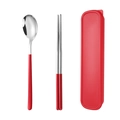 Portable 304 stainless steel spoon and chopsticks set in a vibrant red travel case - Red Silver Spoon Chopsticks 2-piece Set