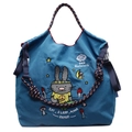 Borsa tote in tela blu navy con ricamo a coniglio e manici intrecciati per uso quotidiano - Blu