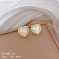 Macro detail of heart earrings with white mother-of-pearl and gold-plated cubic zirconia - Heart Mother of Pearl Stud Earrings (C250)