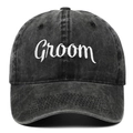 Vintage dark grey washed cotton baseball cap featuring white Groom embroidery on the front - Groom / Black