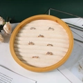 Round bamboo jewelry tray with beige velvet slots for ring and earring display - Continuous Slot / Beige