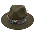 Detail of olive green felt hat with ethnic woven band, turquoise bead and grey tassels - Kids One Size (54cm) / Army Green