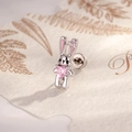 Silver rabbit stud earring featuring a pink heart zircon and pink enamel ears - Pink Heart Rabbit (Single Piece)