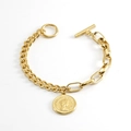 Bracciale in acciaio inossidabile dorato con ciondolo moneta Regina Elisabetta e chiusura OT - Oro