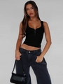 Women's black ribbed knit tank top with button detail and low U-neck Y2K style - Black