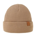 Detailed view of the khaki ribbed knit winter hat with brown leather logo patch tag - M / Camel