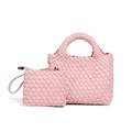 Mini handgewebtes Set aus rosa Leder-Korbtaschen mit rundem Griff und Beutel - Pfirsichrosa