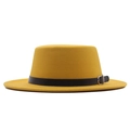 Ginger wool felt boater hat with a black leather band and metal buckle detailing - M (56-58cm) / Yellow