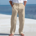 Detail of men's cotton linen pants featuring drawstring waist and wooden button fly - Khaki