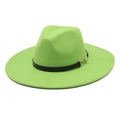 Detailed shot of neon green wool fedora with black leather band and gold metal buckle - Adult 56-59cm / Fruit Green