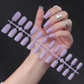 Close-up of purple matte long square press-on nails shown on model and display stand - Matte Purple