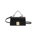 Elegant black leather handbag with gold round metal clasp and adjustable shoulder strap - Black