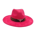 Magenta cowboy hat featuring a black leather band with a silver steer head ornament - Rose Red