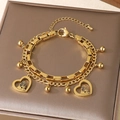 Gold double-layered stainless steel heart bracelet featuring mother-child silhouettes - Mother Child Embrace Heart Silhouette Style (KB203691-Z)