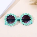 Kinder Sonnenbrille Rund mit hellblauem Rahmen und süßen Gänseblümchen-Verzierungen - Grasgrüner Rahmen Doppelgraue Gläser