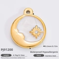 18K gold plated stainless steel crescent and star round pendant with white inlay - Gold Star Moon Enamel Style (PJ91200)