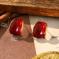 Detail view of red enamel stud earrings with size and weight specs on retro background - Red Enamel Gold Frame Square Earrings (2-25457B-5800)