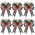 Set of 6 Christmas pine needle bows with black and white plaid fabric and red berries - 1 Piece / White Edged Black and White Plaid