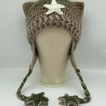 Handmade crochet star cat ear hat in khaki and army green with stripe tassels - Brown Green Mixed (ikl)