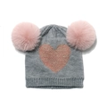 Grijze gebreide kindermuts met dubbele roze imitatiebont pompons en glitterhart - 52-54cm / Grijs