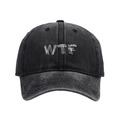 Close-up of white WTF embroidery on washed charcoal denim vintage baseball cap - Adjustable / Black