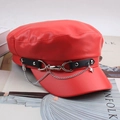 Red PU leather baker boy hat with silver metal chains and star pendant decoration - One Size 58cm / Red Double Ring Chain Style