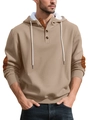 Detail van de wafelgebreide stof en drieknoops halslijn op herenhoodie met elleboogstukken - S / Khaki