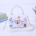 Mini borsa bianca per bambini con toppe cartoon, manico di perle e chiusura a cuore - Bianco (Con toppe fai-da-te casuali)