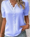 Light blue V-neck blouse with white lace trim and vertical pleated short sleeves - 3XL / Light Purple