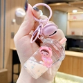 Pink quicksand cartoon bear keychain with milk tea cup design and star glitter charms - Pink Cute Bear - Milk Foam Cup